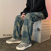 Men Jeans Chessboard Plaid Jeans Autumn Straight Wide-Leg Pants Retro Loose Trousers